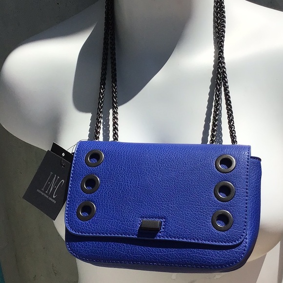 INC Blue& Black leather cross body. Smoky black rolled chain & details.NWT - Picture 2 of 11